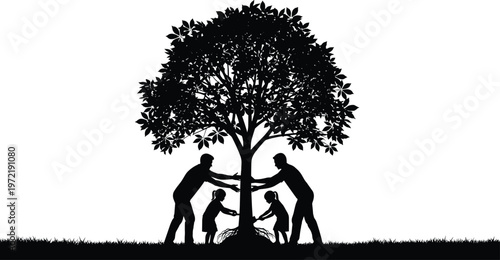 Silhouette of family planting a tree together on green grass isolated on white background