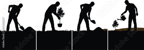 Professional Tree Planting Silhouette Vector Set Featuring Men Digging Soil Planting Saplings and Watering Trees for Environmental Conservation Projects