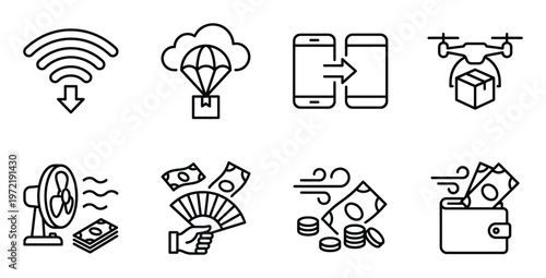 Set of finance and air delivery line icons including wifi, drone and money fan