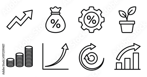 Set of financial growth and investment icons on transparent checkered background
