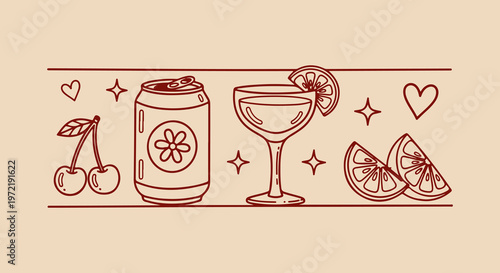 Fun and refreshing line art vector illustration of a soda can, cocktail glass, cherries, and citrus slices