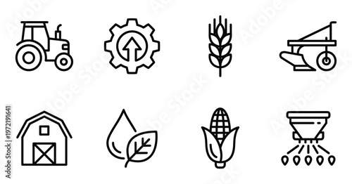 Set of simple line art farm and agriculture icons on transparent background