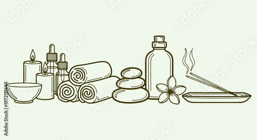 Wellness and spa essentials including aromatherapy, massage stones, and incense for relaxation and self-care