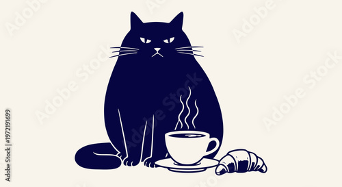 Grumpy Cat Enjoying Coffee and Croissant, Whimsical Illustration
