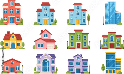 Colorful Residential and Commercial Building Icon Set Featuring Houses, Apartments, and Modern Architecture for Real Estate, Urban Design, and Property Projects