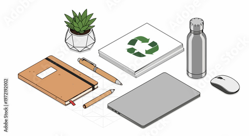 Eco-Friendly Sustainable Office Workspace Isometric Illustration with Recycled Paper, Cork Notebook, Wooden Pens, Reusable Metal Bottle, and Succulent Plant
