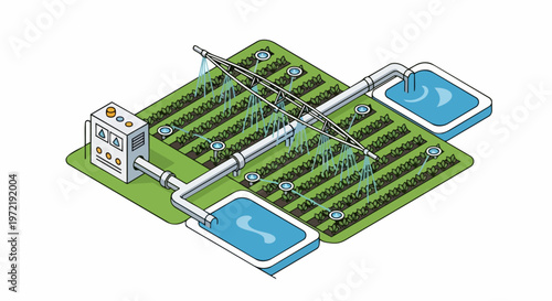 Isometric Smart Irrigation System Illustration for Modern Automated Agriculture and Sustainable Crop Management with Water Reservoirs and Control Panel