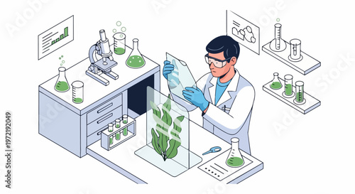Isometric Scientist Conducting Plant Biotechnology Research in Modern Laboratory Illustration