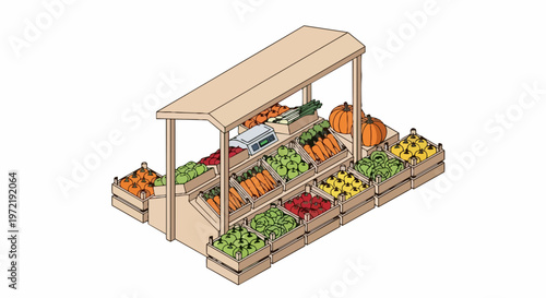 Isometric Illustration of a Local Farmers Market Stall with Fresh Organic Vegetables and Fruits in Wooden Crates