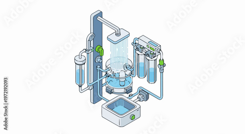 Isometric Illustration of a Modern Shower Water Filtration and Purification System for Home Use