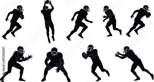 american football player silhouettes set running catching tackling sport athlete action team black isolated vector illustration collection
