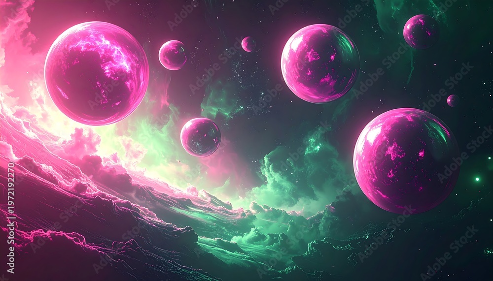 Naklejka premium Celestial spheres float amid nebulous clouds, bathed in vibrant magenta and teal galactic hues