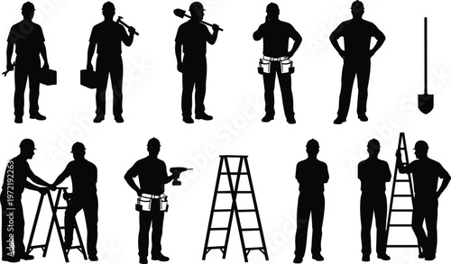 construction worker silhouettes set tools ladder drill shovel builder labor industrial people standing black isolated vector illustration collection