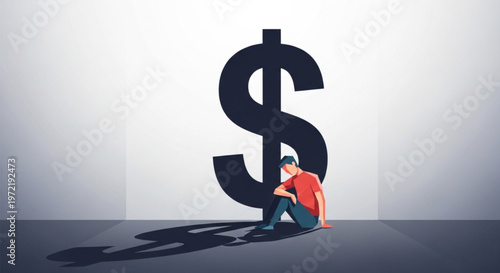 A man sits contemplating the immense financial burden and stress, overshadowed by a giant dollar sign, symbolizing the weight of economic challenges, debt, and monetary pressure