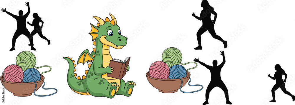 Fototapeta premium Cute cartoon dragon reading book with yarn balls and running people silhouettes illustration set representing creativity, hobbies, exercise and playful fantasy concept