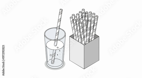 Minimalist Isometric Illustration of a Glass with Water and Striped Straws in a Box, Line Art Vector Icon for Beverage and Sustainability Design