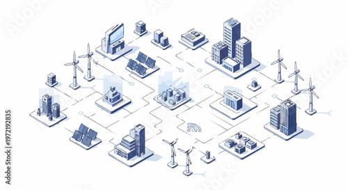 Isometric Smart City Energy Grid with Renewable Energy, Solar Panels, Wind Turbines and IoT Connectivity Illustration