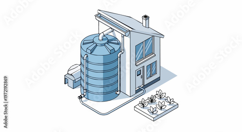 Sustainable Home Rainwater Harvesting System Isometric Illustration, Eco-Friendly Water Collection and Garden Irrigation Concept