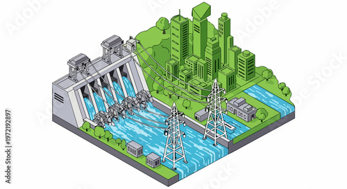 Isometric Hydroelectric Dam Supplying Renewable Energy to a Sustainable Green City Illustration