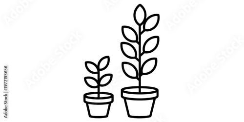 A black and white line art illustration showing two potted plants of different heights together Vector, illustration