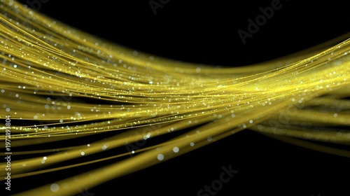 Abstract golden wave with glowing particles and shimmering lines in dark background creating a mystical atmosphere