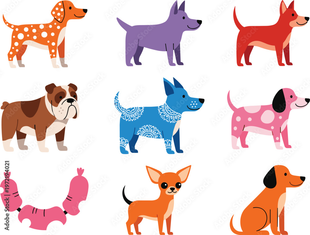 Obraz premium Colorful Dog Breeds Cartoon Icon Set Featuring Cute Puppy Characters in Flat Style for Pet Care, Animal Illustration, Kids Design, and Branding
