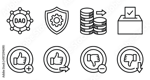 Dao governance blockchain icons set. secure voting, financial transactions, community feedback