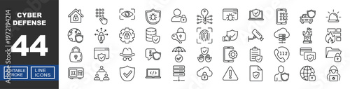 Cyber Defense and Network Security Systems. Includes Eye Retina Scan, Antivirus Shield, CCTV Surveillance, Secure Database, Fingerprint Authentication. Editable stroke line icons.