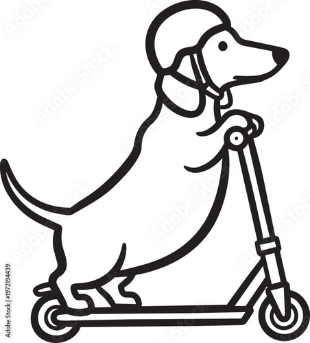 dachshund dog silhouette riding scooter with helmet, simple black white playful modern design