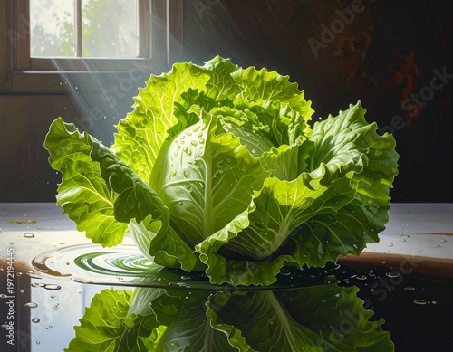 Fresh cabbage with sunlight and reflection