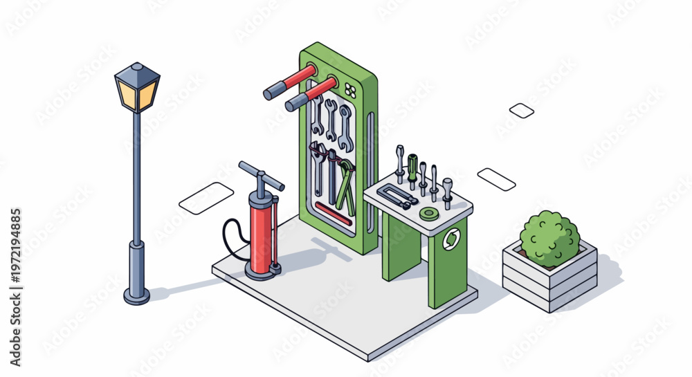 Obraz premium Isometric Public Bicycle Repair Station with Tools, Air Pump, and Urban Elements Vector Illustration