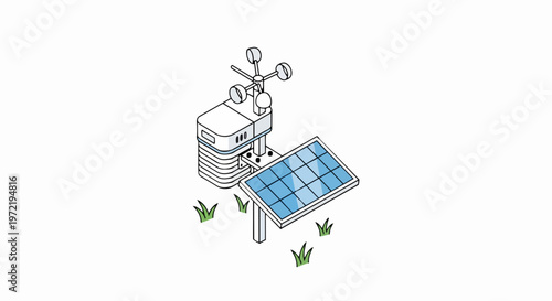 Isometric Weather Station Illustration with Solar Panel and Anemometer for Meteorological Monitoring and Smart Agriculture