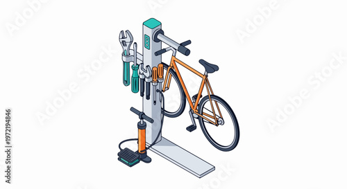 Isometric Bicycle Repair Station with Tools, Air Pump, and Maintenance Stand
