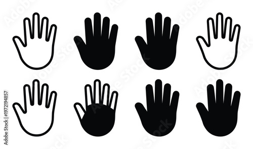 Open hand palm silhouette icons for stop or greeting gesture collection on transparent background