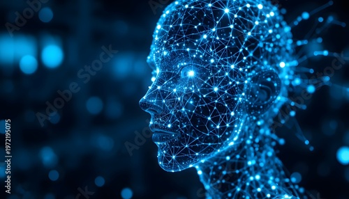 Abstract human head made of glowing particles and lines representing artificial intelligence.