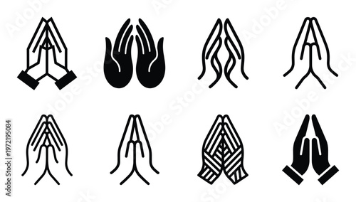 Praying hands icons variations showing devotion and faith isolated on transparent background vector