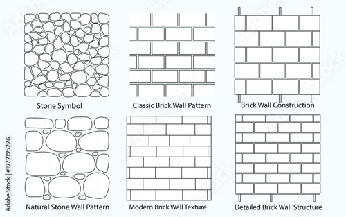 Brick wall and stone texture seamless pattern vector set with diagonal line background and masonry construction symbols