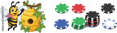 Cute cartoon bee with beehive and colorful casino poker chips collection illustration representing nature honey production and gambling game tokens