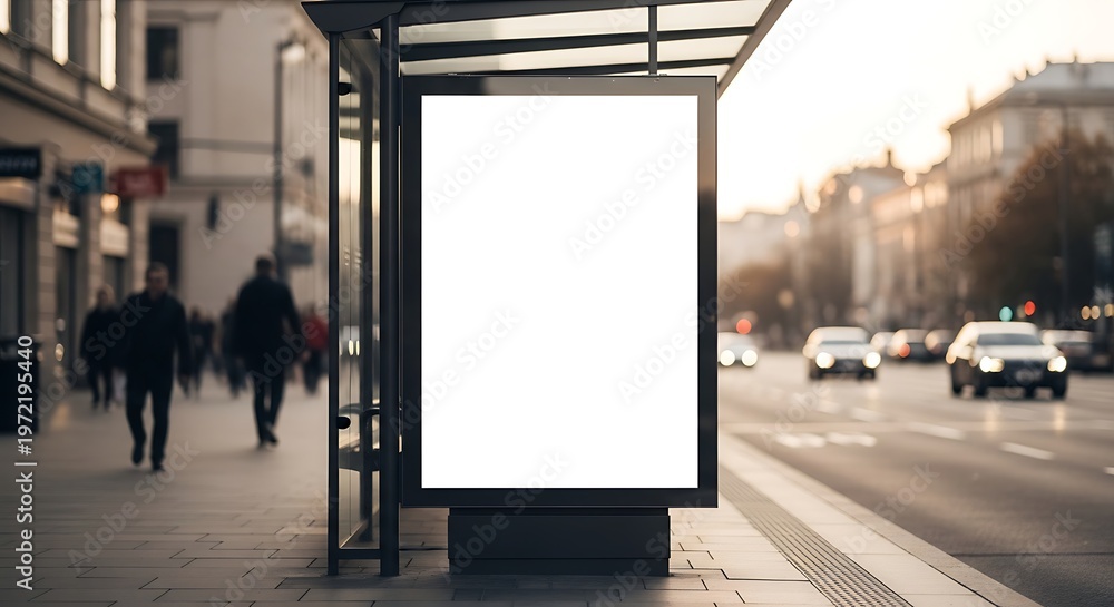 A blank advertising billboard at a bus stop on a city street with people walking and cars driving, set against a blurred urban background.