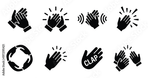 Set of clapping hands icons representing applause, success, celebration and engagement on transparent background