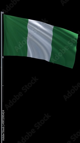 Nigeria flag waving on metal flagpole, vertical video with transparent background and alpha channel, seamless loop 3D rendering 4K