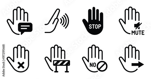 Stop and prohibition hand gesture icons with stop sign no symbol and mute message on transparent