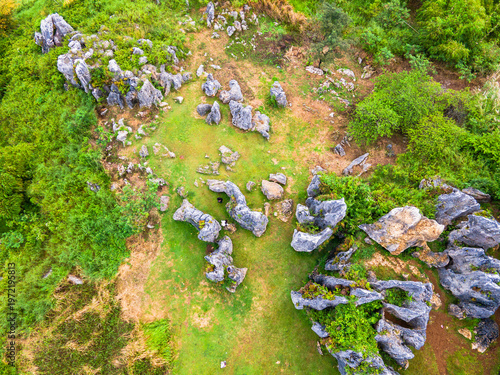Top-down view of ancient rock formations scattered across green fields. Unique geological karst landscape with weathered limestone boulders, at Stone Garden, Padalarang, Bandung, Indonesia.
