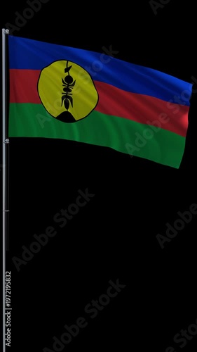 New Caledonia flag waving on metal flagpole, vertical video with transparent background and alpha channel, seamless loop 3D rendering 4K