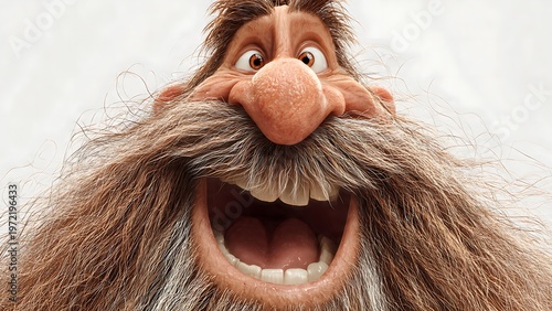 Exaggerated 3D animated character with a wild beard and wide joyful expression, mouth open,