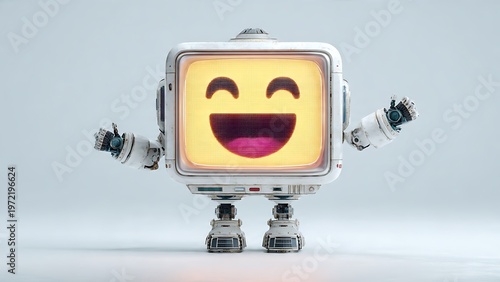 A friendly retro-futuristic robot with a glowing, happy emoji face, 3D rendered on a bright,