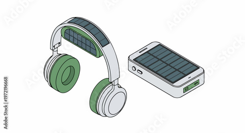 Solar Powered Headphones and Smartphone Power Bank Illustration, Eco-Friendly Sustainable Technology Concept