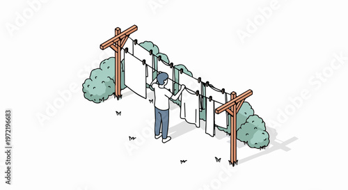 Man Hanging Laundry on Outdoor Clothesline Isometric Illustration, Eco-Friendly Sustainable Living and Household Chores Concept