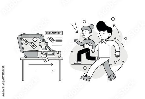 Customs inspection. A suitcase sits open on a simple inspection table, with a magnifying glass icon and small tags highlighting checked items. A neat
