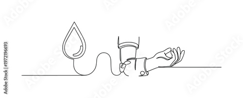 "Healthcare Donation Concept". Minimalistic one-line drawing a symbolic blood drop connected to a donation line and arm in a clean close-up composition,